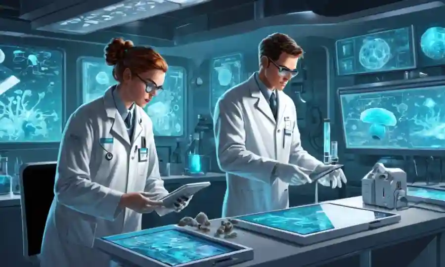 Científicos en capas de laboratorio que manejan muestras de hongos junto con dispositivos tecnológicos futuristas y pantallas de datos.