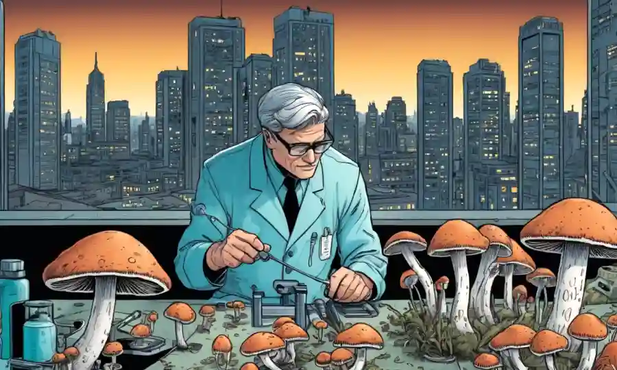 Científico examinando hongos bajo un microscopio con un paisaje urbano sutil o fondo futurista.