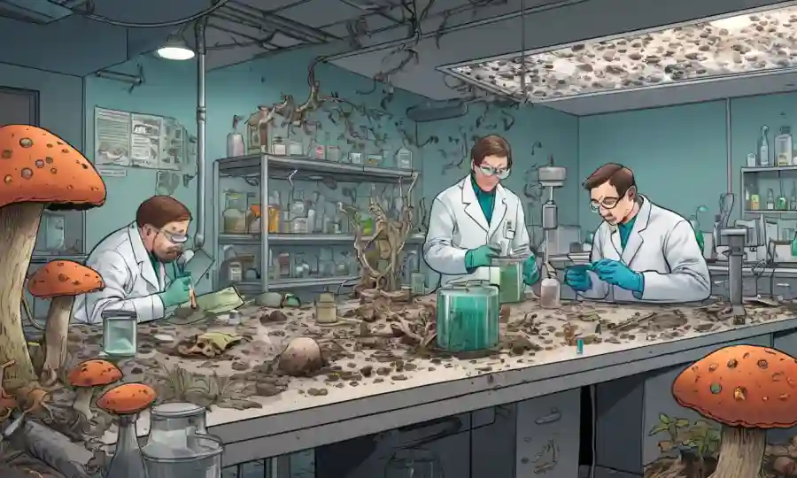 Micólogos que estudian en un laboratorio rodeado de materia orgánica descompuesta.