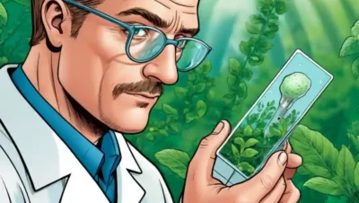 Científico examinando una diapositiva de microscopio rodeada de vegetación