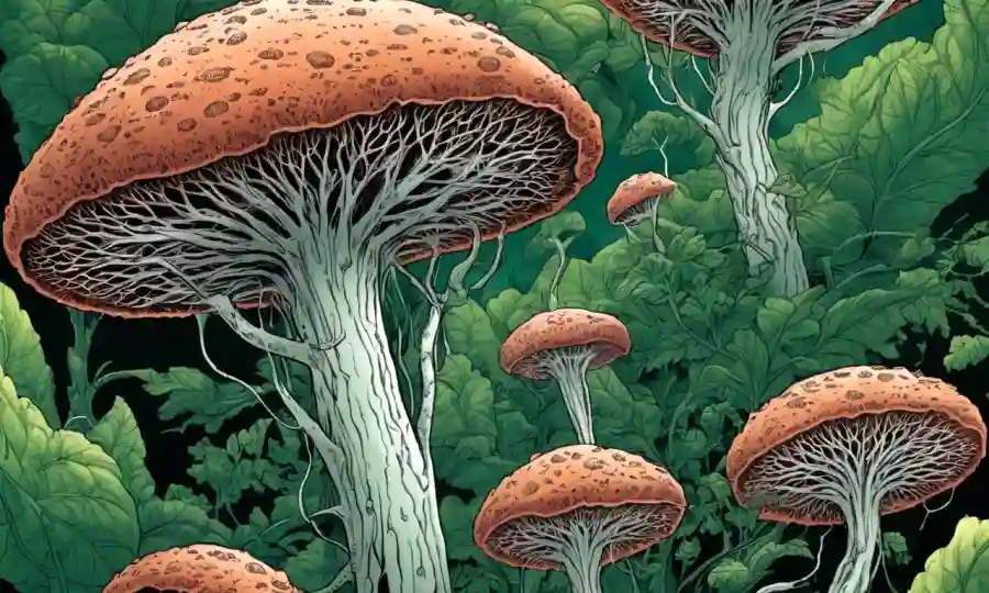 Una ilustración simbiótica que muestra hifa fúngica que conecta células humanas con vegetación exuberante.