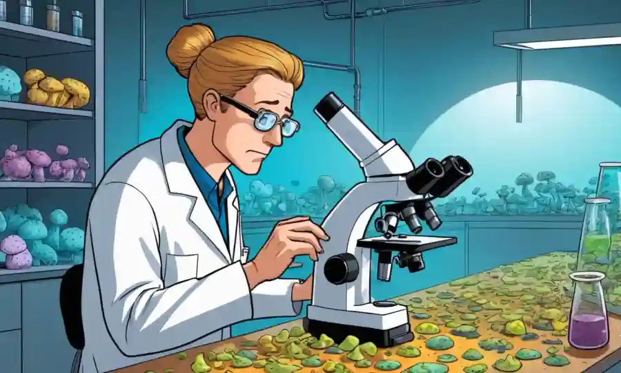 Científico en el laboratorio que maneja muestras de hongos en la mesa del microscopio.