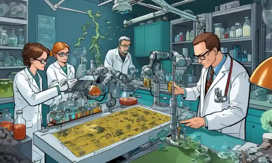 Escena de laboratorio de investigación científica con muestras de hongos e investigadores que examinan datos.