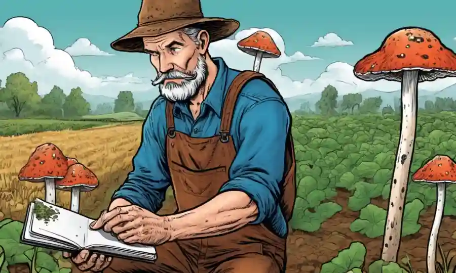 Un agricultor tiene un crecimiento fúngico mientras mira un cuaderno o datos del smartphone.