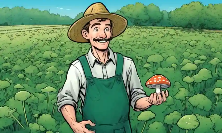 Farmer holding hongos esporas en medio de un campo lleno de vegetación.