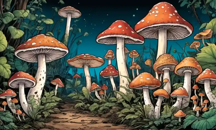 Una variedad de hongos en diferentes etapas de crecimiento y madurez.