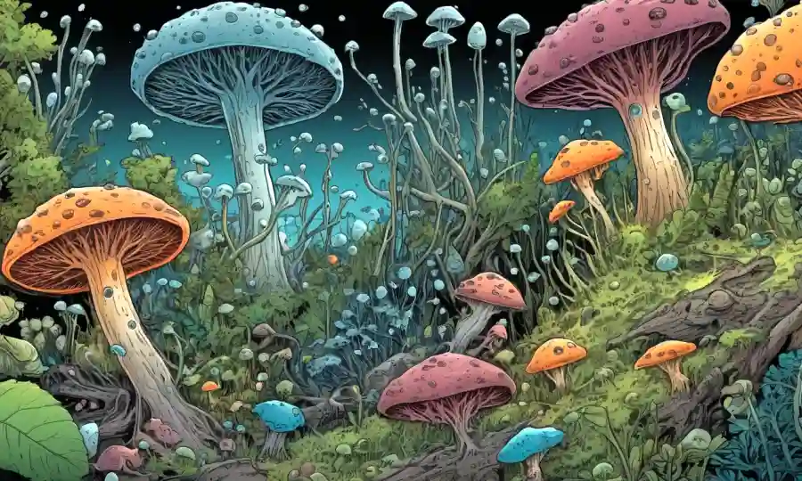 Un microscopio que muestra células fúngicas en varias etapas de crecimiento rodeadas de elementos ecosistémicos.