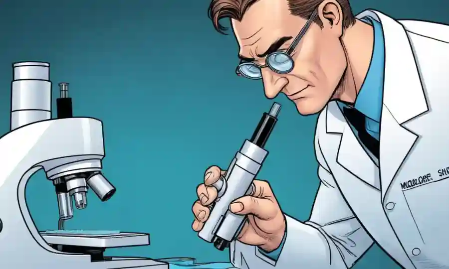 Healthcare profesional analyzing a skin sample on a microscope slide.