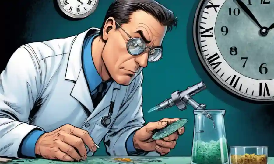 El médico examina una diapositiva de microscopio con muestra de molde y un reloj marcando en el fondo.