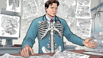 Un profesional médico que examina una radiografía del torso con notas dispersas.