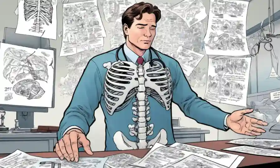 Un profesional médico que examina una radiografía del torso con notas dispersas.