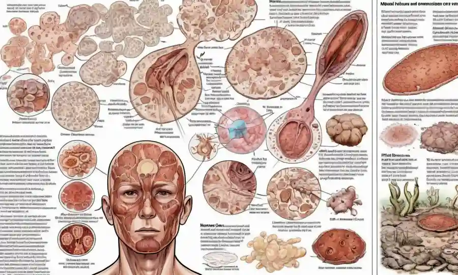Una ilustración médica de varias condiciones de la piel junto a descripciones y detalles sobre infecciones fúngicas.