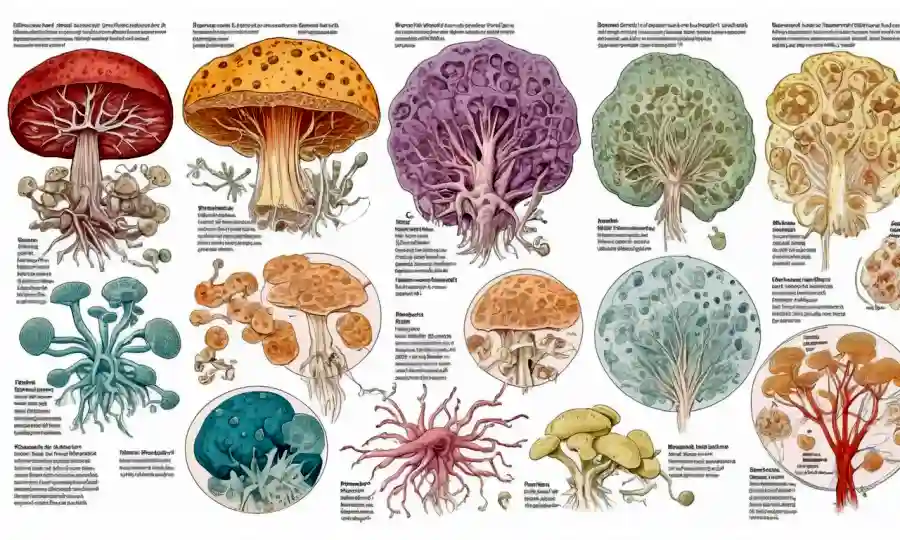 Las ilustraciones médicas de varias infecciones fúngicas superpuestas en diagramas o diagramas médicos.