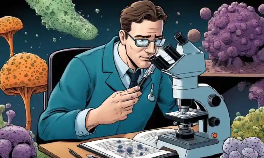 Un biólogo que examina varios tipos de esporas bajo un microscopio contra un fondo de libro de texto biológico.