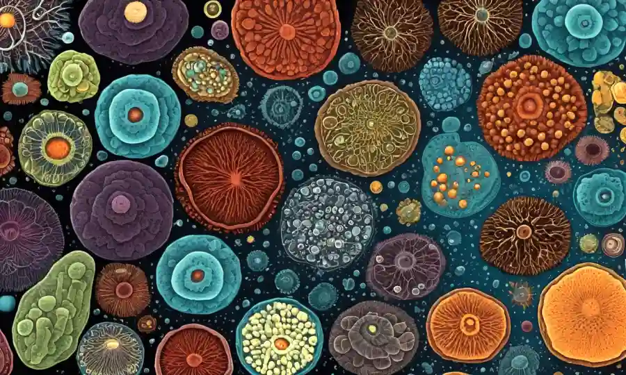 Una imagen de microscopio que muestra varios tipos de esporas con descripciones morfológicas.