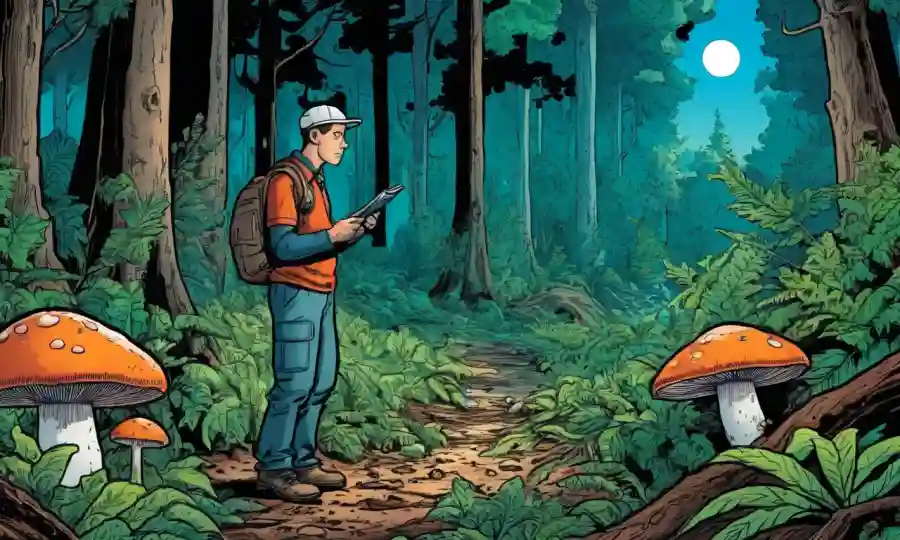Un investigador que observa hongos y plantas en un entorno forestal.