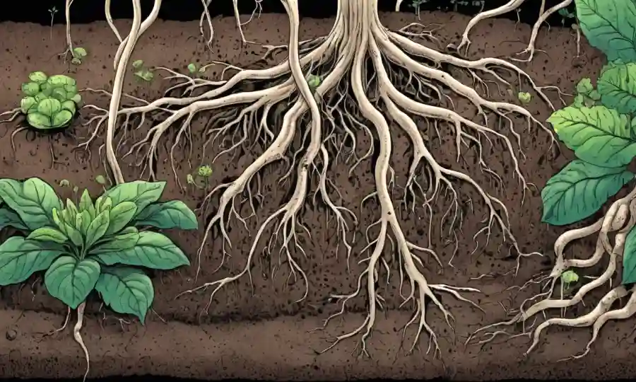 hongos micorricenos interactuando con las raíces vegetales en el suelo, con ilustraciones científicas y datos.