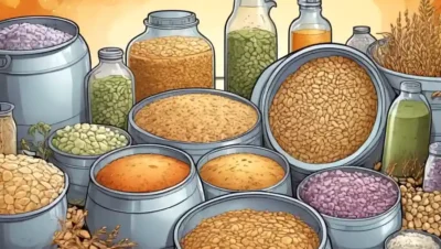 Varios procesos de fermentación y productos exhibidos gráficamente en un fondo de células de levadura.