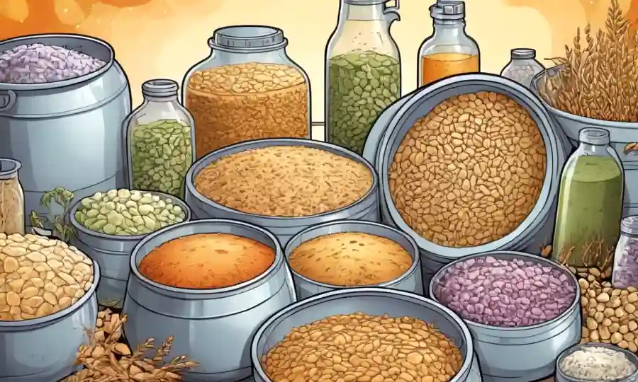 Varios procesos de fermentación y productos exhibidos gráficamente en un fondo de células de levadura.