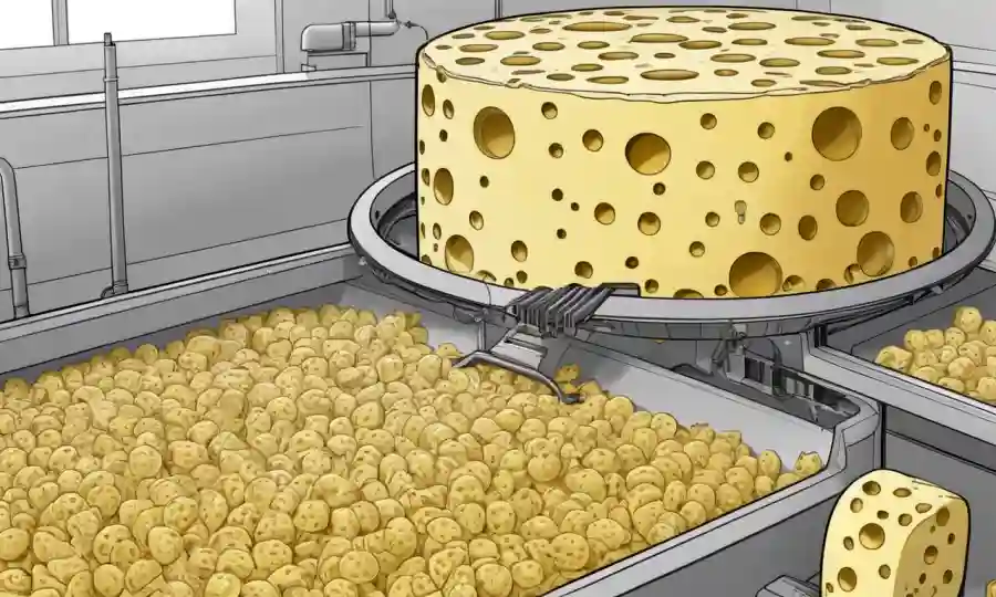 Ilustración que representa el proceso de fermentación de queso suizo con bacterias y culturas.