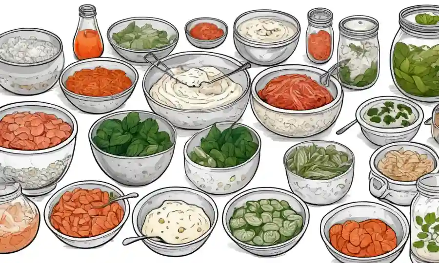 Ilustración gráfica de diferentes procesos de fermentación, incluyendo yogur, kimchi y más.