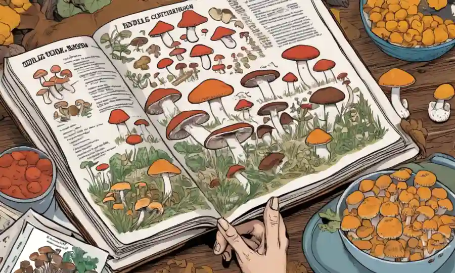 Una persona que tiene varios tipos de setas comestibles delante de un libro de cocina.