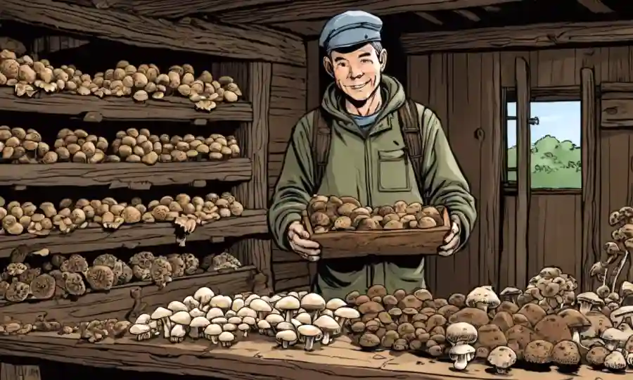 Un experto en hongos que sostiene varias variedades de shiitake en un entorno rústico.