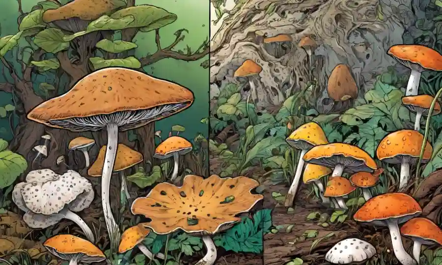 Imágenes de cerca de varias especies de hongos derribando materia orgánica.