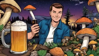 Una persona que sostiene un vaso de cerveza con diferentes tipos de hongos y componentes de cerveza que se muestran en el fondo.