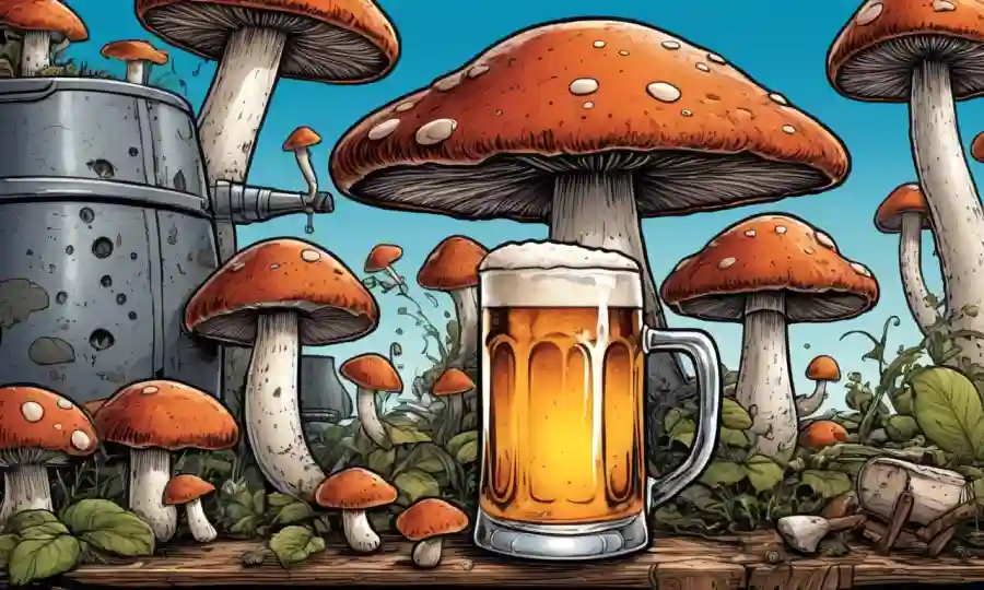 Diversos tipos de champiñones esporando en tanques de cerveza y vasos de espuma.