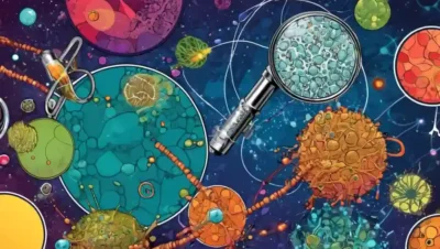 Microorganismos con vistas al microscopio y diagramas científicos superpuestos en un fondo de formas coloridas.