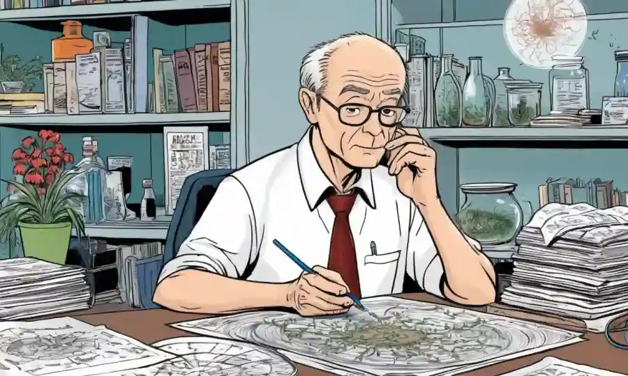 Profesor que estudia hongos micorricenicos en un plato petri rodeado de papeles científicos.