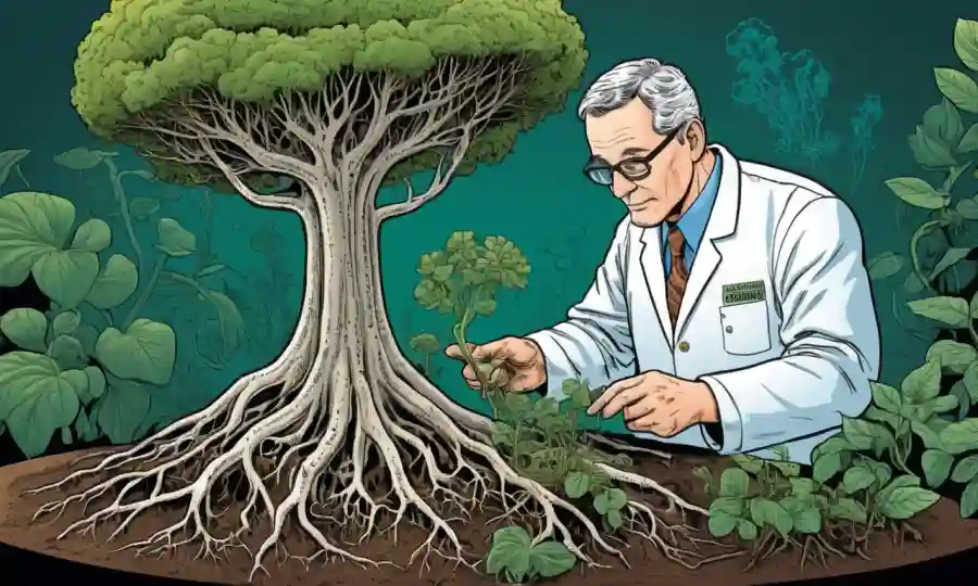 Un científico que examina las raíces de las plantas con hongos y diagramas beneficiosos.