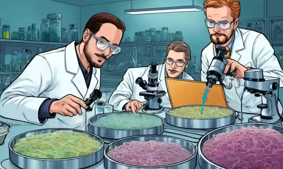 Científicos que examinan muestras de hongos micorrizales en platos petri y bajo microscopios.