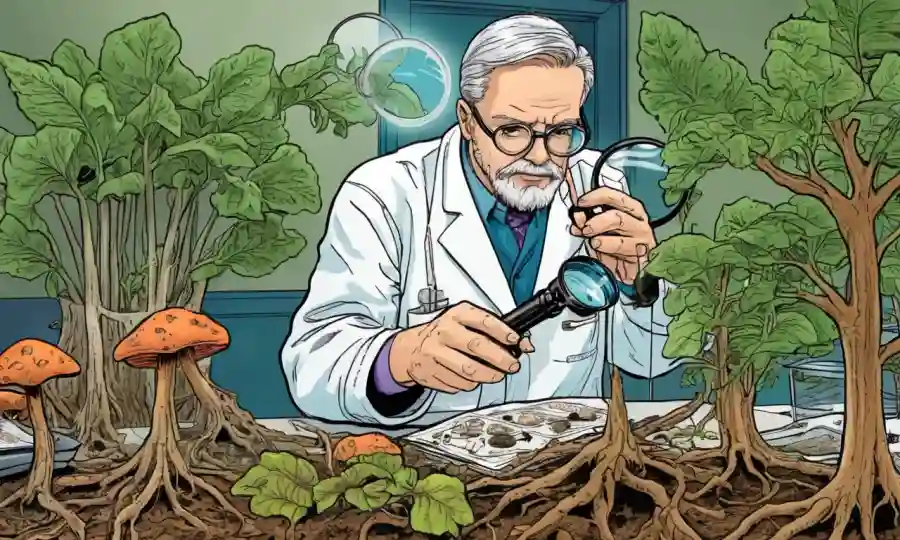 Un científico que examina las diapositivas de hongos creciendo alrededor de las raíces vegetales bajo una lupa.