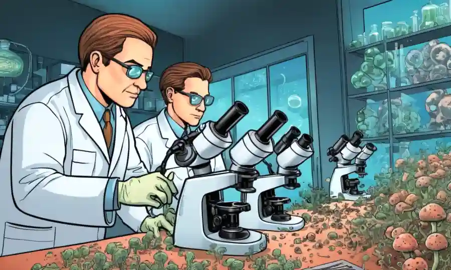 Científicos que estudian esporas fúngicas en laboratorio, con microscopios y diagramas.