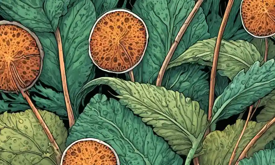Vista microscópica de esporas fúngicas formadas en hojas o tallos de plantas.