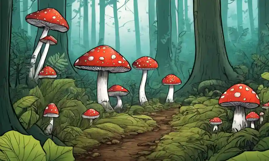 Setas que crecen en un fondo forestal con superposiciones de texto destacando conceptos clave.