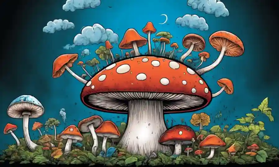 Imagen que combina una gorra de hongos con símbolos de contaminación y cambio climático, simbolizando el vínculo entre toxinas y degradación ambiental.