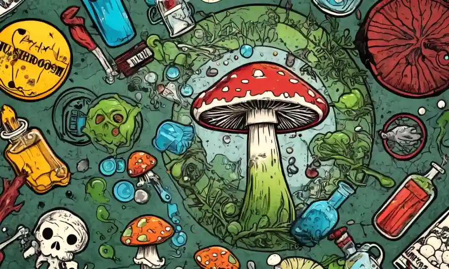 Las toxinas de seta ilustradas en medio de un símbolo químico tóxico