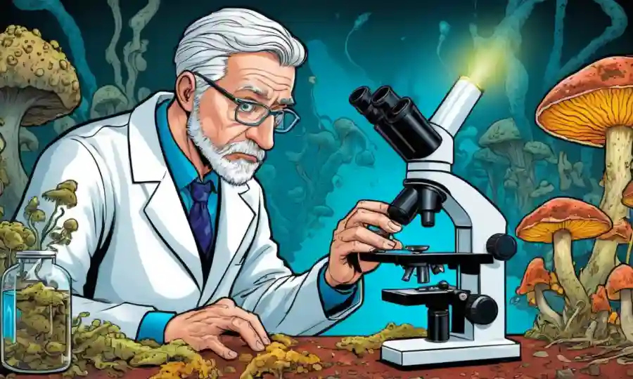 Científico que examina muestras de hongos bajo microscopio con advertencias cautelares alrededor.