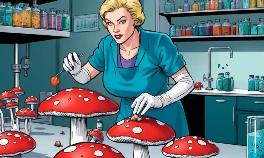Persona usando guantes manipulando setas venenosas en un laboratorio médico.