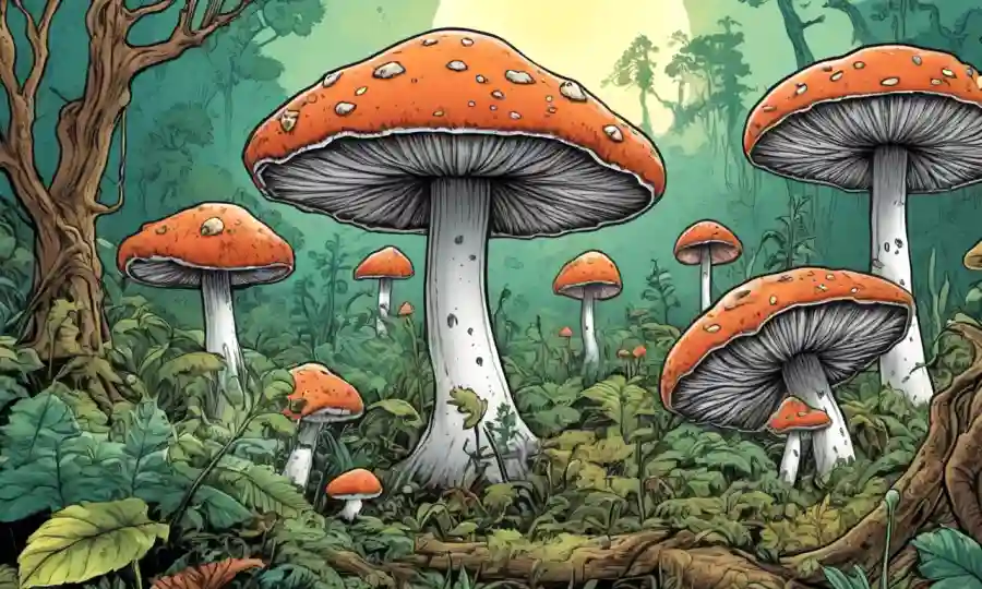 Toxinas de hongos que afectan a los ecosistemas con ilustraciones de plantas y animales afectados.