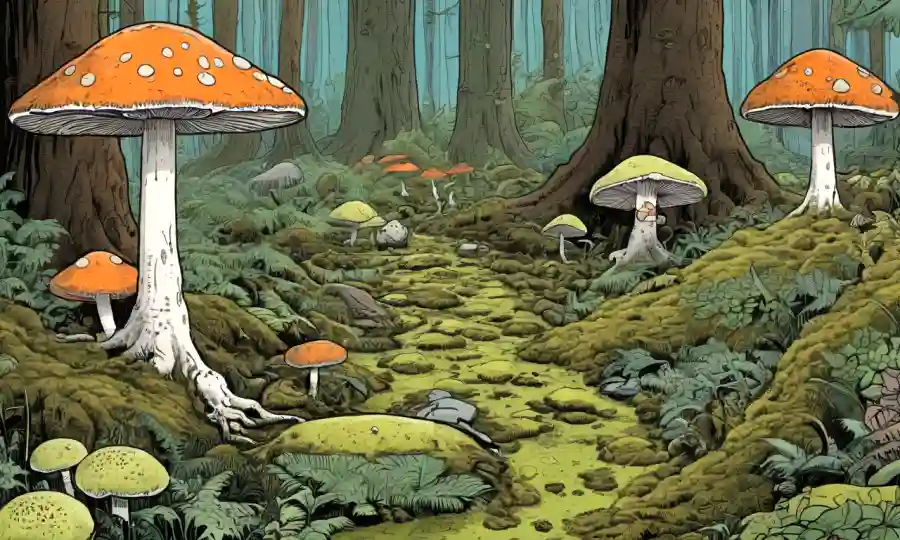 Fungi y diagramas ecológicos que rodean a una persona que examina un suelo de bosque húmedo.