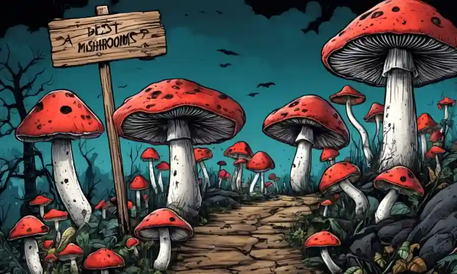 Una ilustración oscura y ominosa de varios hongos venenosos en medio de señales de advertencia y símbolos de peligro.