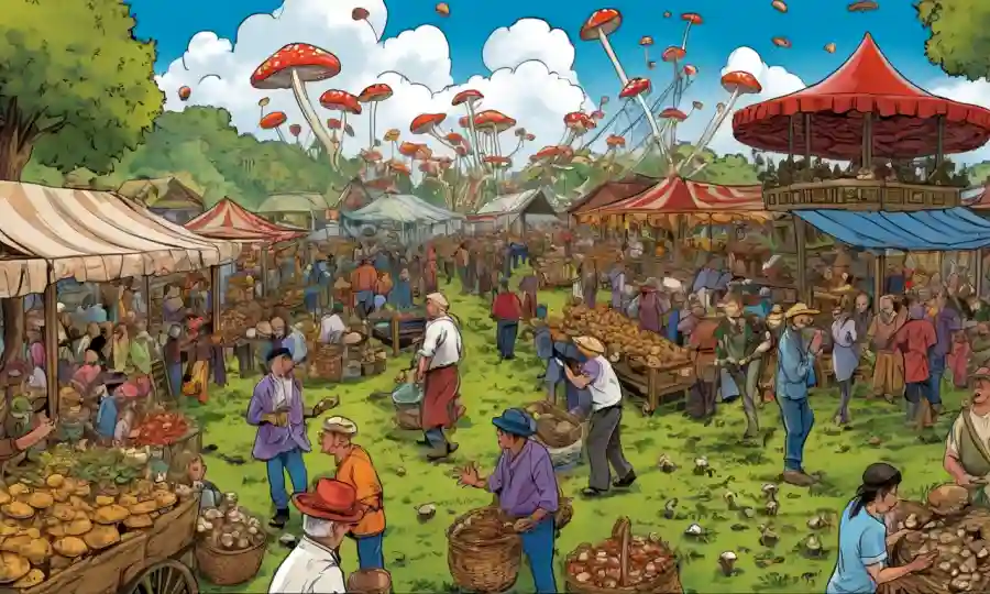 Una escena de gente reuniendo hongos alrededor de un festival tradicional o escenario de mercado.