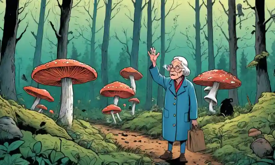 La persona mayor recolectando hongos en un bosque mientras otros observan desde atrás.