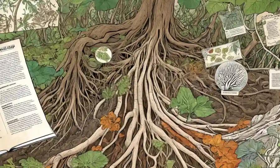 Un micrografo de hongos beneficiosos que conectan las raíces de las plantas, con gráficos científicos y diagramas en el fondo.