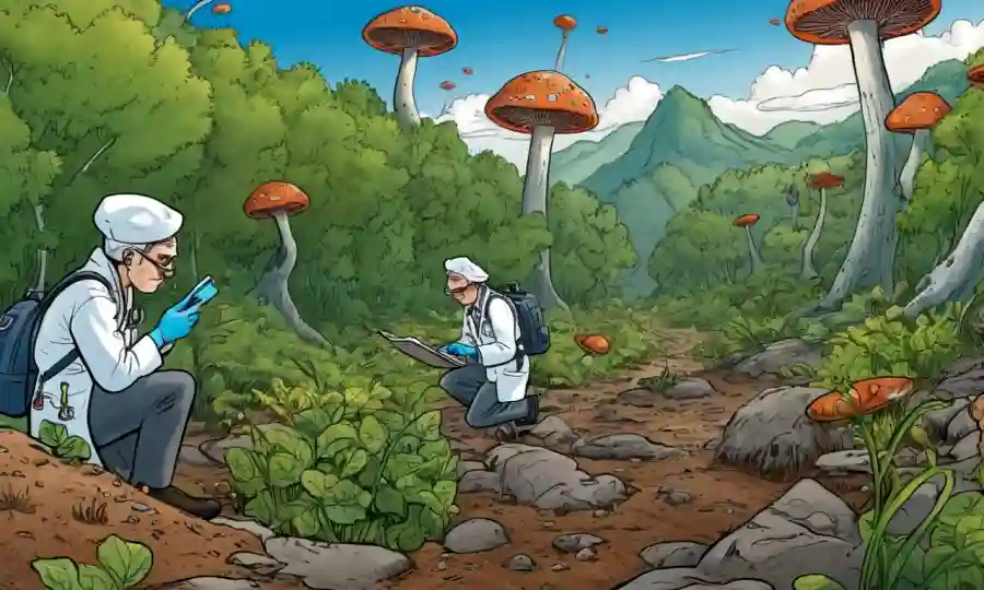Científicos que estudian organismos microscópicos en entornos naturales para rastrear el transporte de esporas y la dispersión.