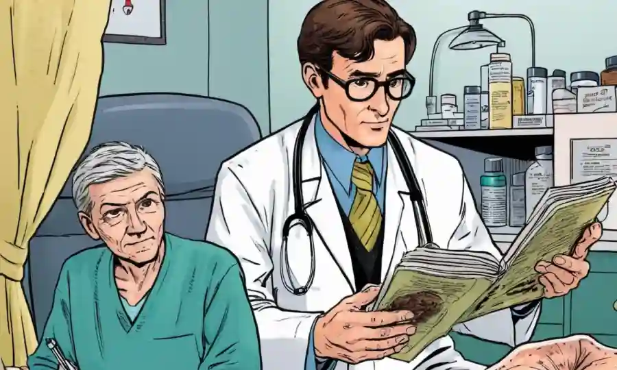 El médico examina la piel de los pacientes mientras sostiene literatura de tratamiento fúngico.